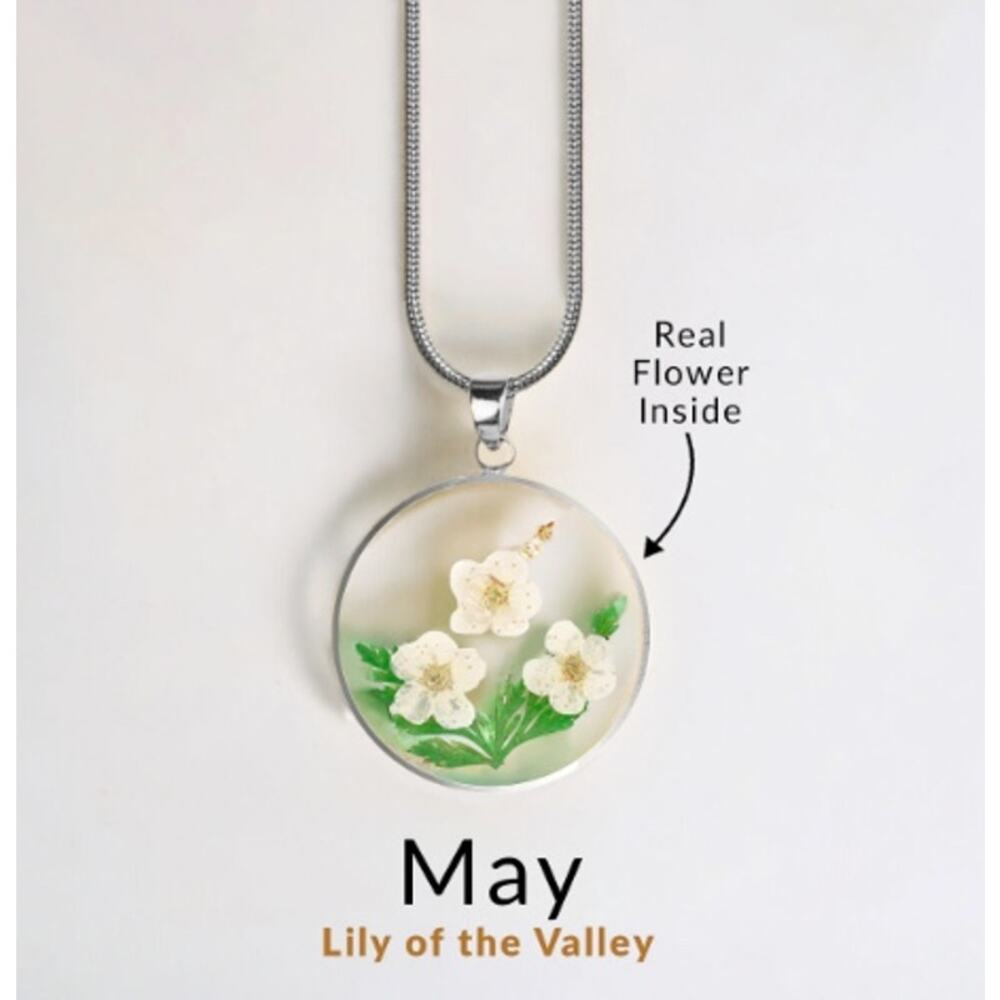 Mint & Lilly Pressed Birth Flower Necklace*May*Lily of the Val*Silver